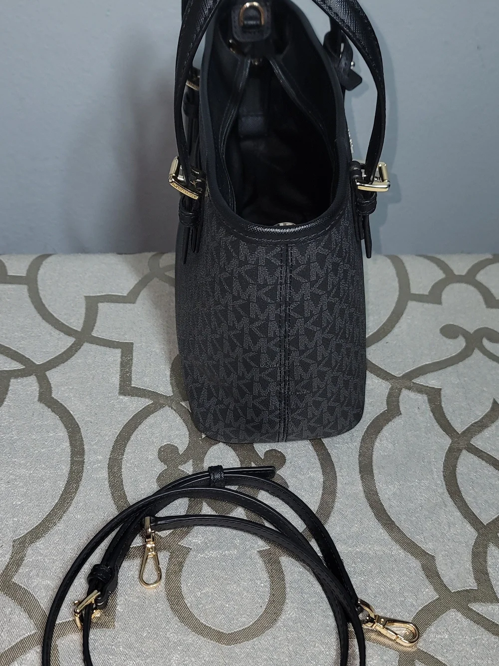 Michael Kors Black MK Logo Tote with Gold Accent Charm - Picture 7 of 7